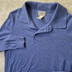 LL Bean Sweater Mens Large Blue Fine Merino Wool Collared Classic Grandpa School
